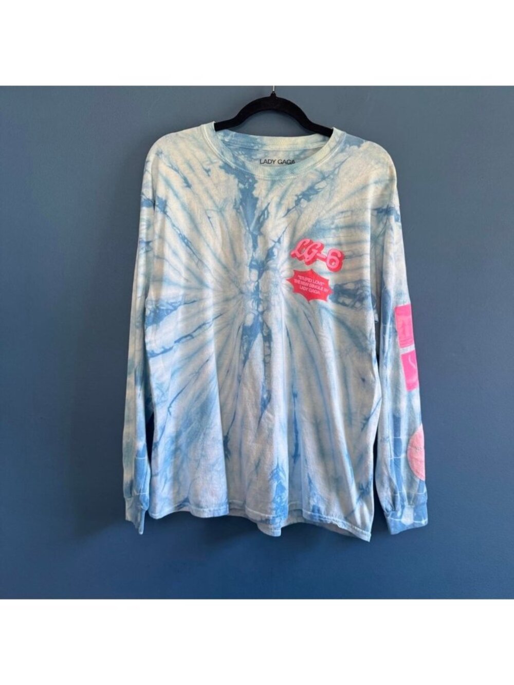 Lady Gaga Stupid Love T Shirt Size Large Blue Tie Dye LG6 Long Sleeve Cotton